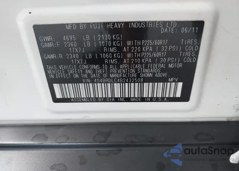 2011 Subaru Outback 3.6R Limited z USA, uszkodzony, nr VIN 4S4BRDLC4B2432508